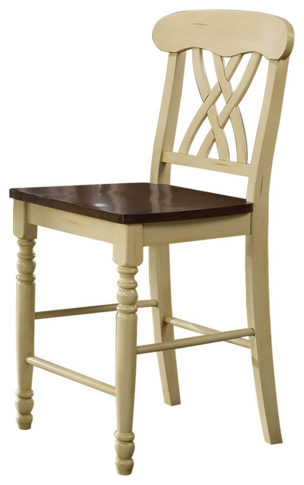 Set of Two 41" Brown And Beige Solid Wood Counter Height Bar Chairs - Image 3