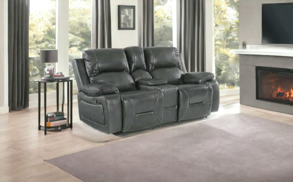 77" Gray Faux Leather Manual Reclining Love Seat With Storage - Image 2