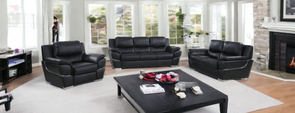 Three Piece Indoor Black Genuine Leather Six Person Seating Set - Image 2