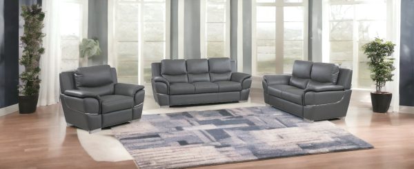 Three Piece Indoor Gray Genuine Leather Six Person Seating Set - Image 2