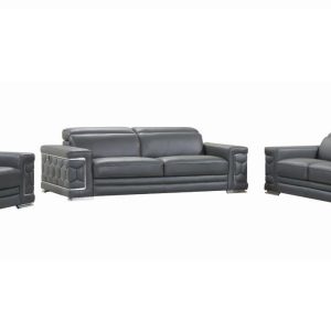 Three Piece Indoor Dark Gray Italian Leather Six Person Seating Set