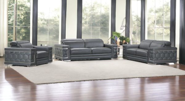 Three Piece Indoor Dark Gray Italian Leather Six Person Seating Set - Image 2