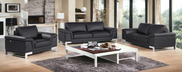 Three Piece Indoor Black Italian Leather Six Person Seating Set - Image 2