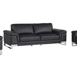 Three Piece Indoor Black Italian Leather Six Person Seating Set