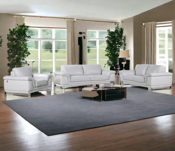 Three Piece Indoor Light Gray Italian Leather Six Person Seating Set - Image 2