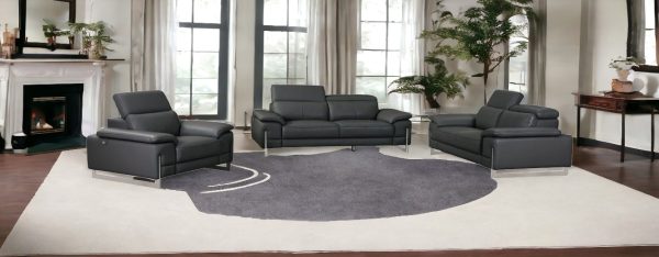 Three Piece Indoor Dark Gray Italian Leather Six Person Seating Set - Image 2