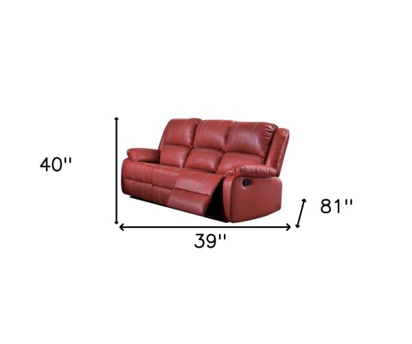 81" Red Faux Leather Reclining Sofa With Black Legs - Image 4