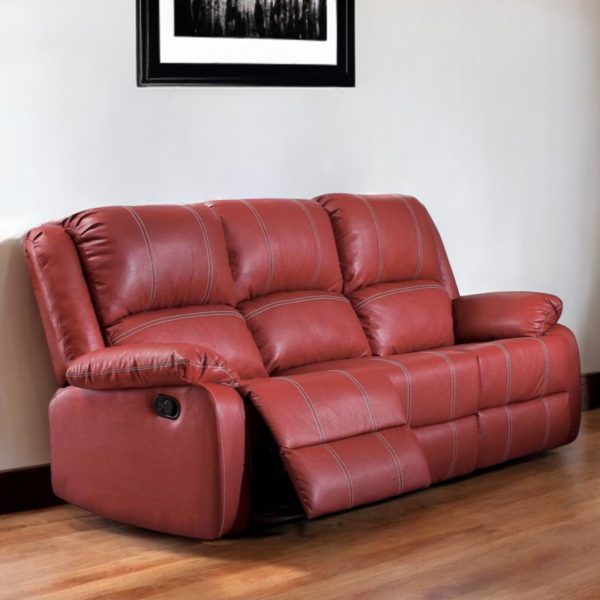 81" Red Faux Leather Reclining Sofa With Black Legs - Image 2