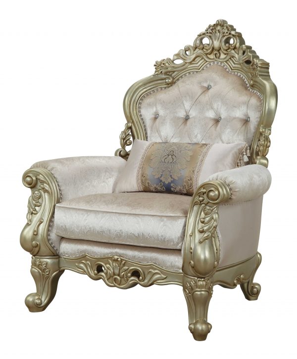 40" Cream And Antiqued White Fabric Damask Tufted Arm Chair And Toss Pillow - Image 2