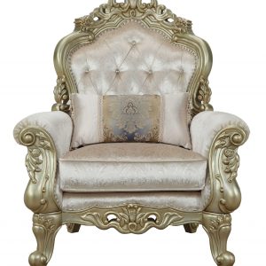 40" Cream And Antiqued White Fabric Damask Tufted Arm Chair And Toss Pillow