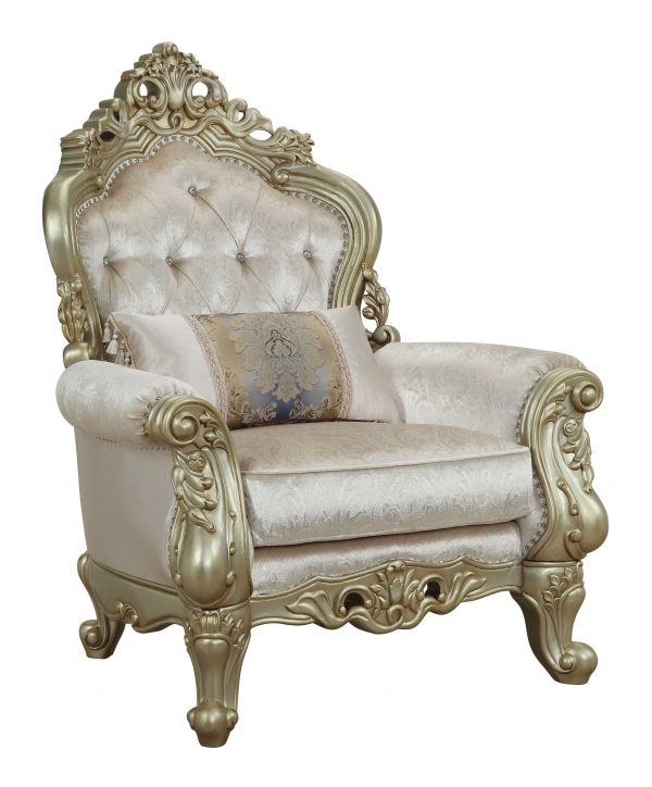 40" Cream And Antiqued White Fabric Damask Tufted Arm Chair And Toss Pillow - Image 4