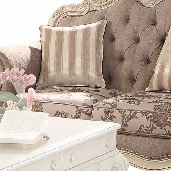 69" Gray And Off White Damask Chesterfield Loveseat and Toss Pillows - Image 3