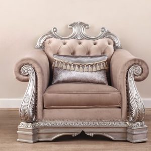 42" Cherry Blossom Pink And Silver Velvet Tufted Arm Chair And Toss Pillow