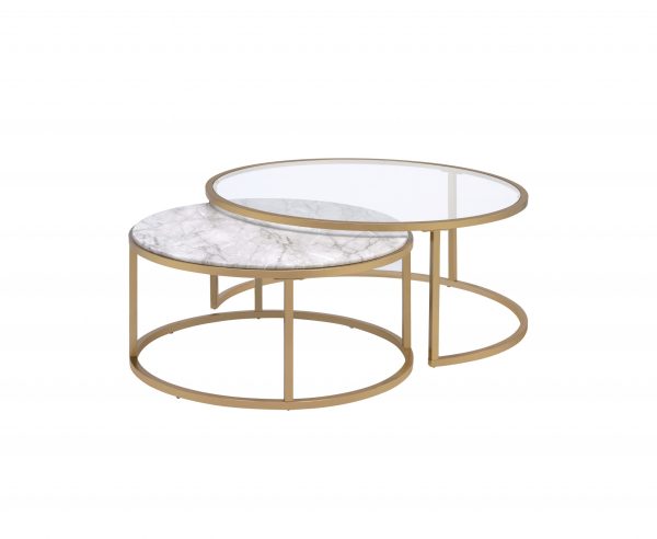 Set of Two 36" Clear White And Gold Glass Faux Marble And Iron Round Nested Coffee Tables - Image 3