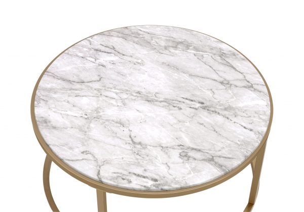 Set of Two 36" Clear White And Gold Glass Faux Marble And Iron Round Nested Coffee Tables - Image 4