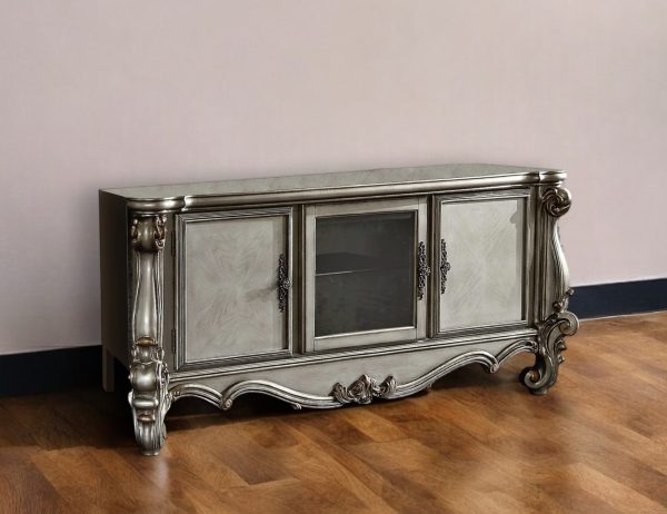 74" Platinum Solid Wood Cabinet Enclosed Storage TV Stand - Image 2