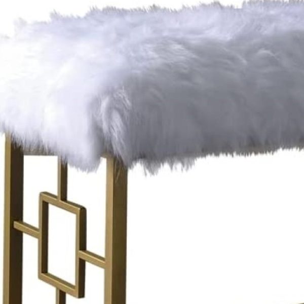 18" White and Gold Upholstered Faux Fur Bench - Image 3