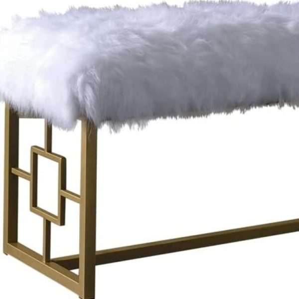 18" White and Gold Upholstered Faux Fur Bench - Image 4