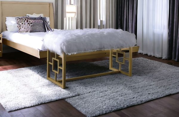 18" White and Gold Upholstered Faux Fur Bench - Image 2