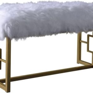 18" White and Gold Upholstered Faux Fur Bench