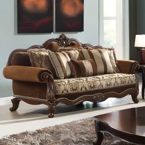 37" Oak Velvet Floral Sofa And Toss Pillows With Espresso Legs - Image 2