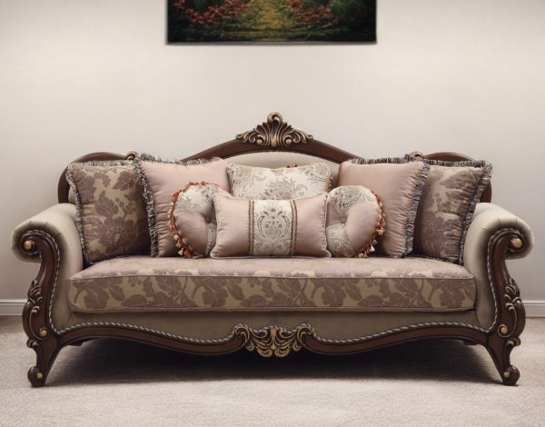88" Beige Velvet Floral Sofa And Toss Pillows With Brown Legs - Image 2