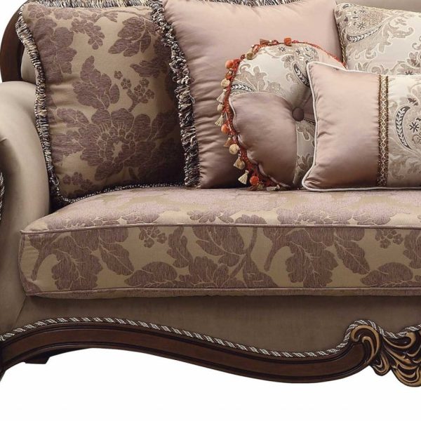 88" Beige Velvet Floral Sofa And Toss Pillows With Brown Legs - Image 4