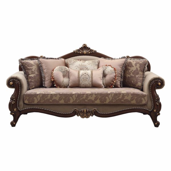 88" Beige Velvet Floral Sofa And Toss Pillows With Brown Legs - Image 3