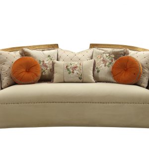 41" Beige Velvet Curved Sofa And Toss Pillows With Natural Legs