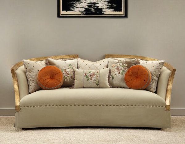 41" Beige Velvet Curved Sofa And Toss Pillows With Natural Legs - Image 2