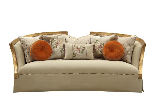 41" Beige Velvet Curved Sofa And Toss Pillows With Natural Legs - Image 4