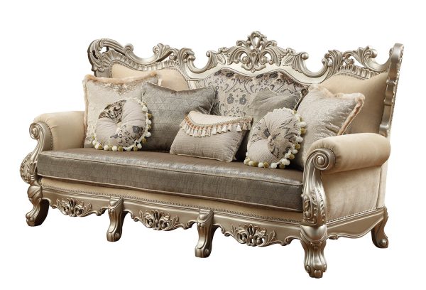 41" Champagne Cotton Blend Curved Floral Sofa And Toss Pillows - Image 4