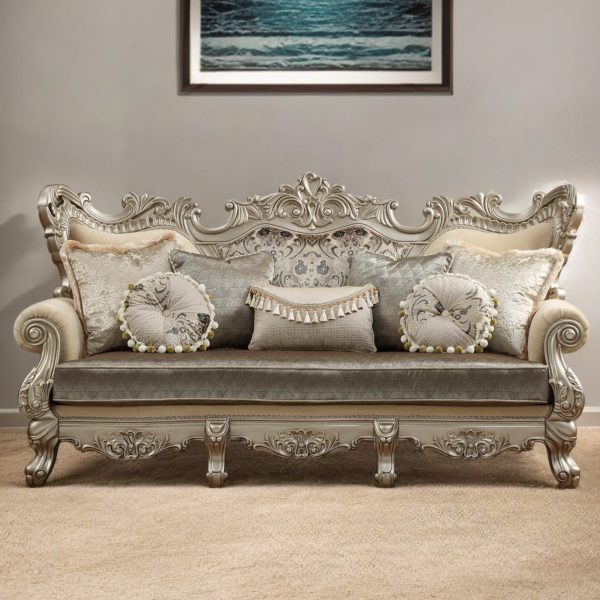 41" Champagne Cotton Blend Curved Floral Sofa And Toss Pillows - Image 2