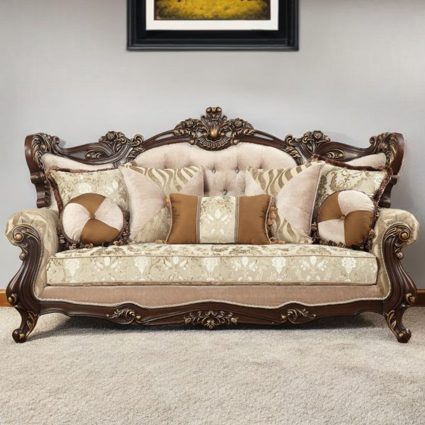 42" Beige Polyester Blend Curved Damask Sofa And Toss Pillows With Brown Legs - Image 2