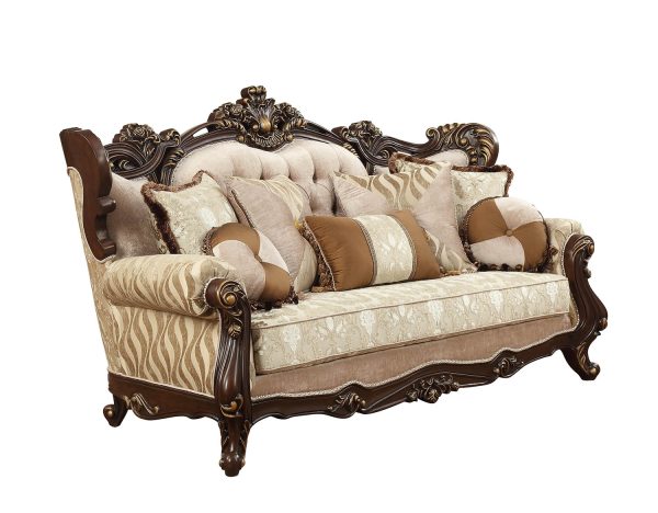 42" Beige Polyester Blend Curved Damask Sofa And Toss Pillows With Brown Legs - Image 3