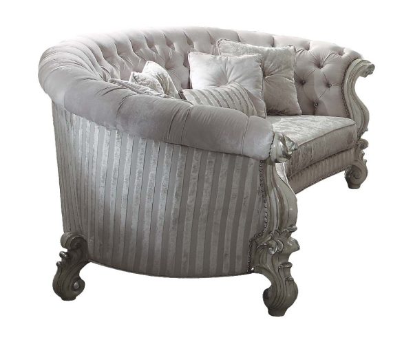 55" Ivory Velvet Curved Floral Sofa And Toss Pillows With Gray Legs - Image 3