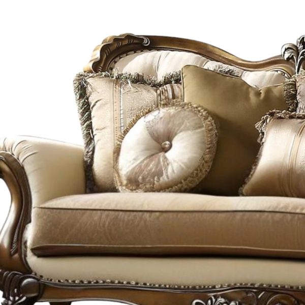 89" Tan Polyester Blend Curved Floral Sofa And Toss Pillows With Brown Legs - Image 4