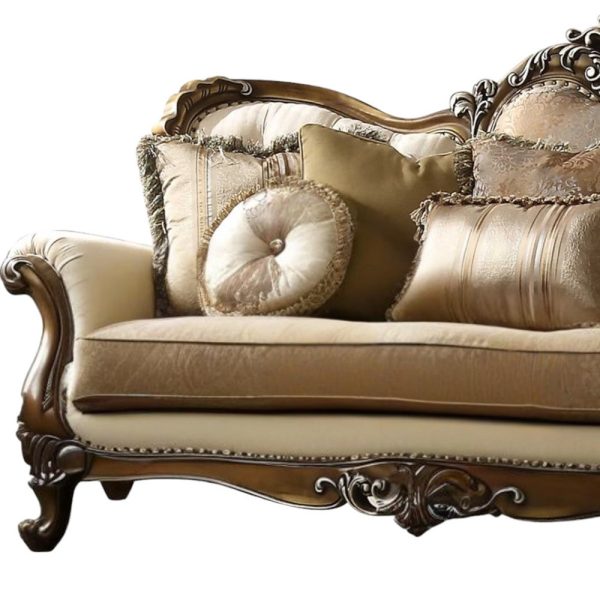 89" Tan Polyester Blend Curved Floral Sofa And Toss Pillows With Brown Legs - Image 3