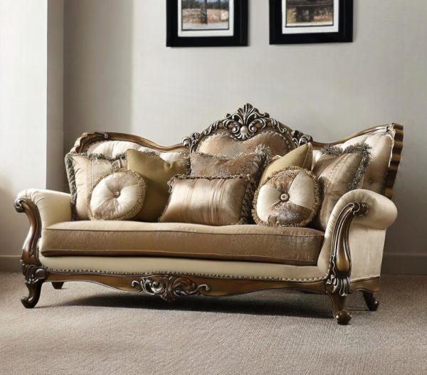 89" Tan Polyester Blend Curved Floral Sofa And Toss Pillows With Brown Legs - Image 2
