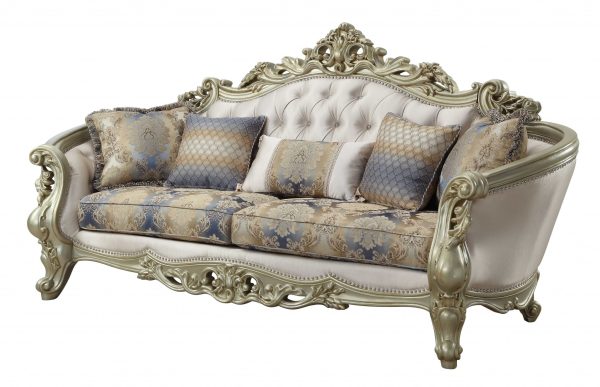 40" Antiqued White Velvet Curved Floral Sofa And Toss Pillows With Champagne Legs - Image 3