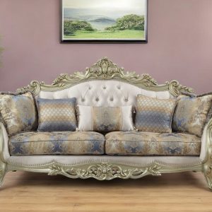 40" Antiqued White Velvet Curved Floral Sofa And Toss Pillows With Champagne Legs