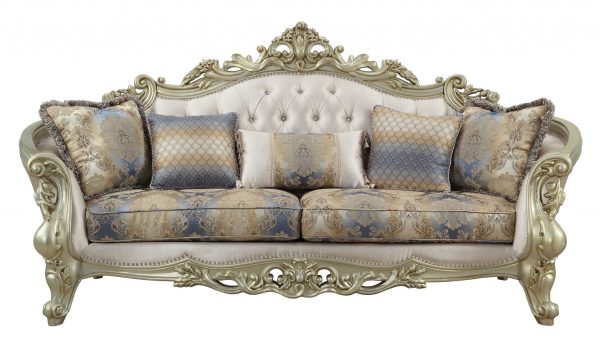 40" Antiqued White Velvet Curved Floral Sofa And Toss Pillows With Champagne Legs - Image 2