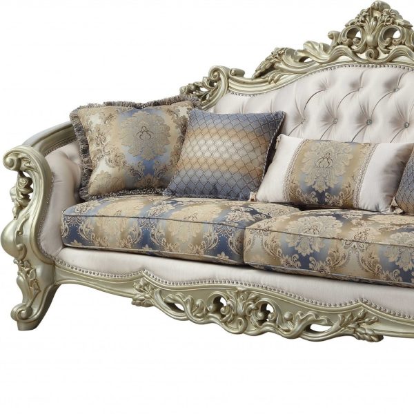 40" Antiqued White Velvet Curved Floral Sofa And Toss Pillows With Champagne Legs - Image 4
