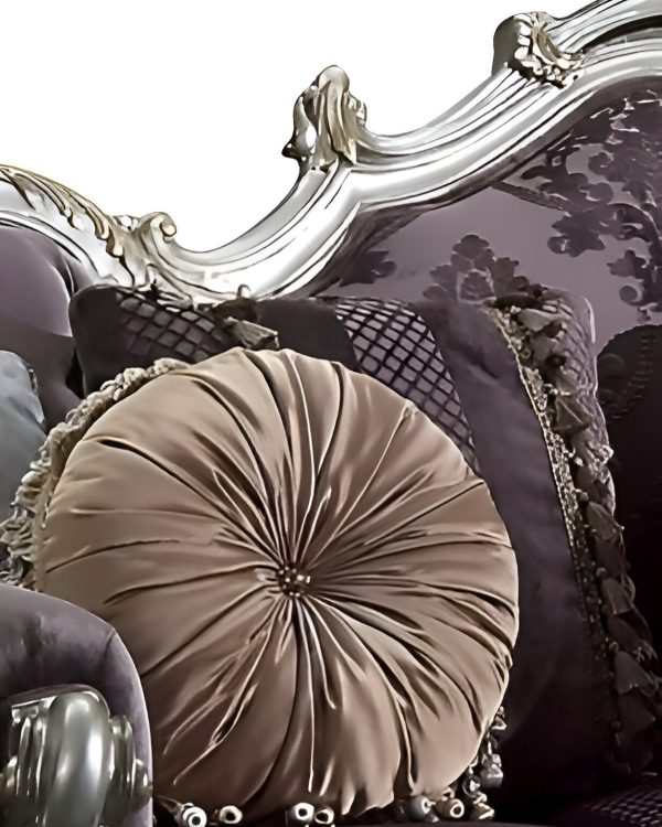 52" Dark Purple Velvet Curved Striped Sofa And Toss Pillows With Platinum Legs - Image 3