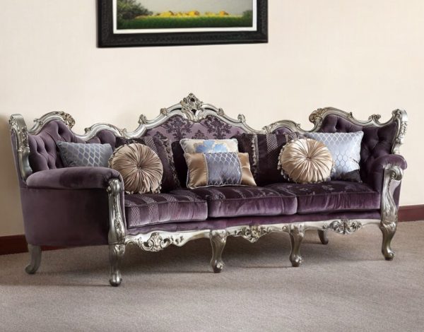 52" Dark Purple Velvet Curved Striped Sofa And Toss Pillows With Platinum Legs - Image 2