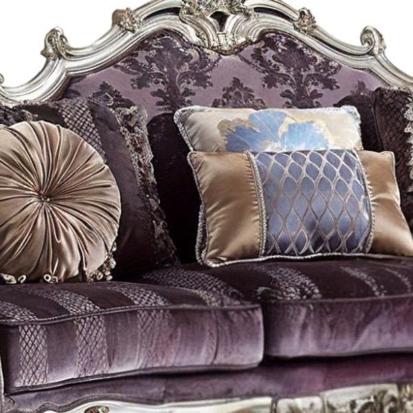 52" Dark Purple Velvet Curved Striped Sofa And Toss Pillows With Platinum Legs - Image 4