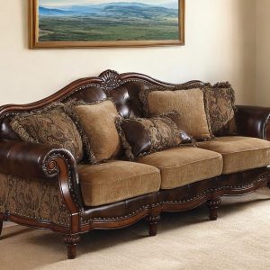 37" Brown Faux Leather and Chenille Sofa And Toss Pillows With Dark Brown Legs