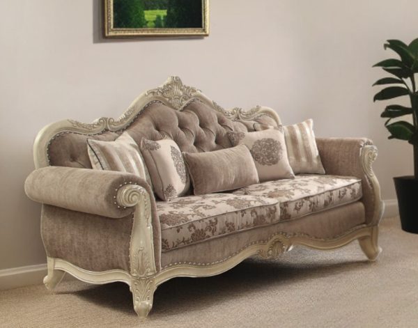 35" Gray Velvet Floral Sofa And Toss Pillows With Beige Legs - Image 2