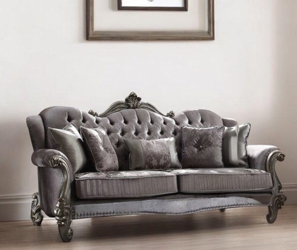 45" Platinum Velvet Floral Sofa And Toss Pillows - Image 2