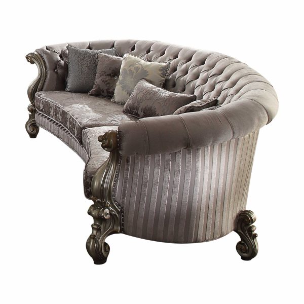 55" Gray Velvet Curved Floral Sofa And Toss Pillows With Champagne Legs - Image 2